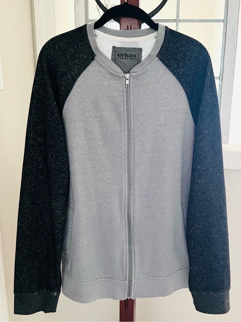 Men's Baseball Zip Up Gray Color-Block Sweatshirt Jacket (L) EUC